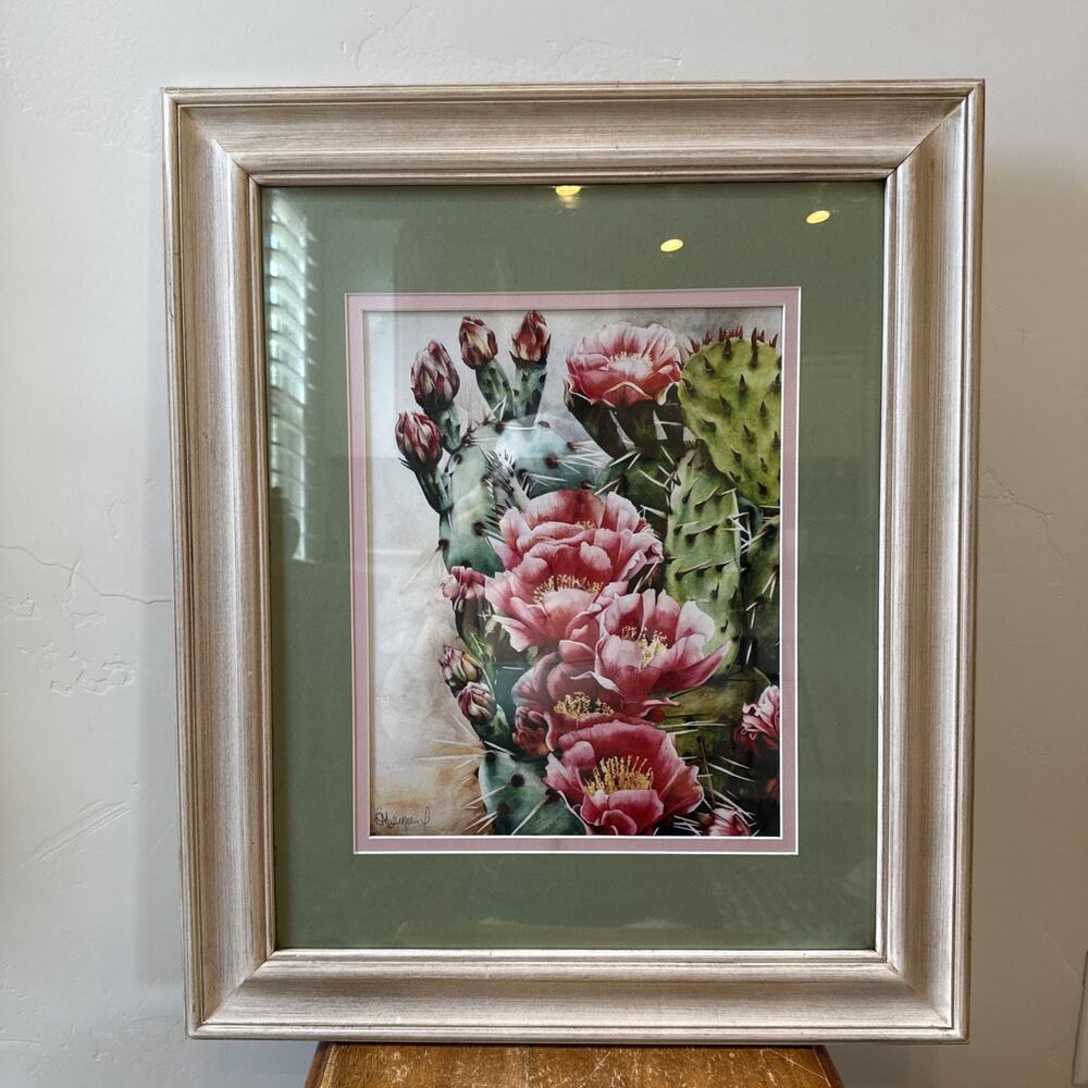 Vintage Signed Newton Oil Painting Wood‎ Frame Matte Desert Cacti Flower 21 X 25